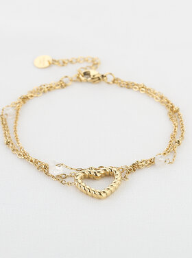 Gold Multi Chain Heart Beads Bracelet / White