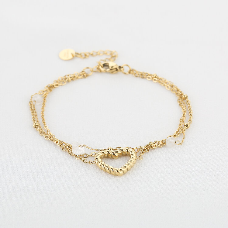 Gold Multi Chain Heart Beads Bracelet / White
