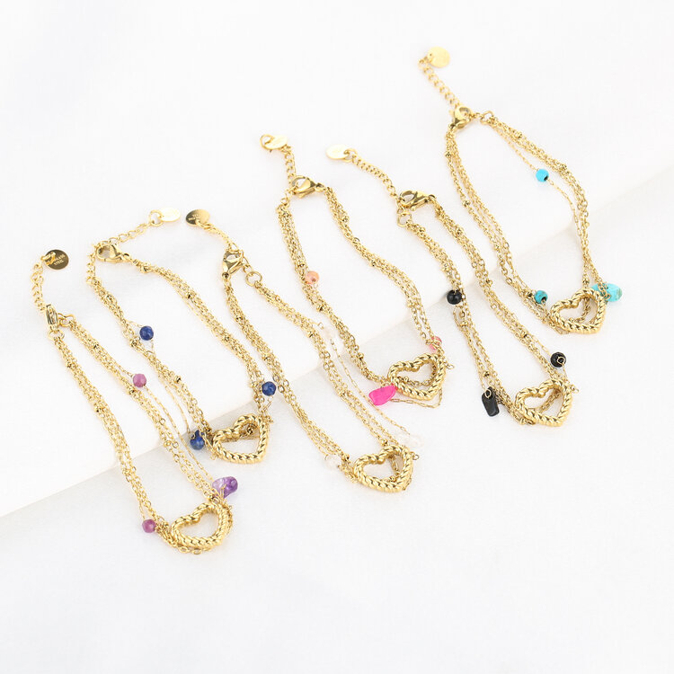 Gold Multi Chain Heart Beads Bracelet / White