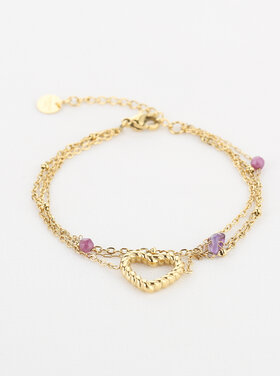 Gold Multi Chain Heart Beads Bracelet / Purple