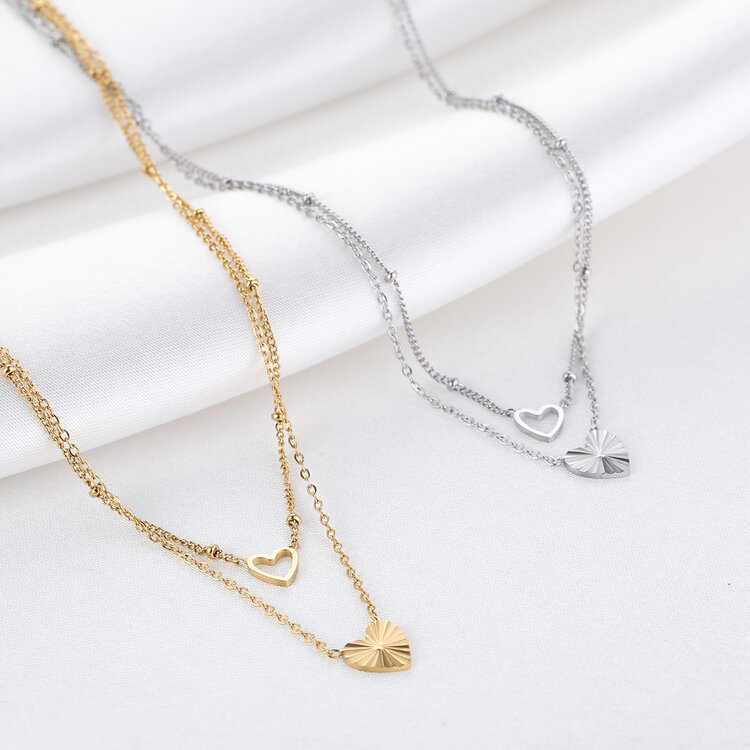 Gold Double Chain Tiny Heart Necklace