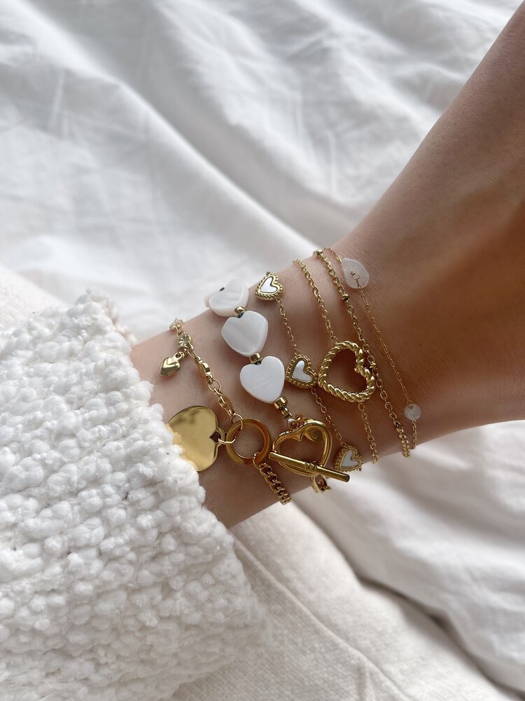Gold Multi Chain Heart Beads Bracelet / White
