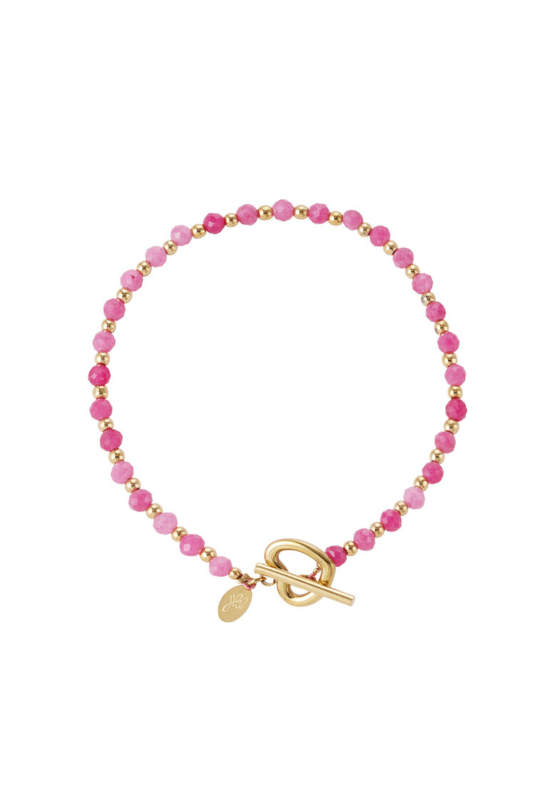 Gold Heart Lock Beads Bracelet / Fuchsia