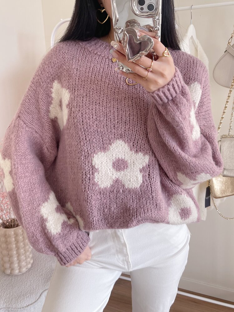 Daisy Flower Knit Sweater / Dusty Pink