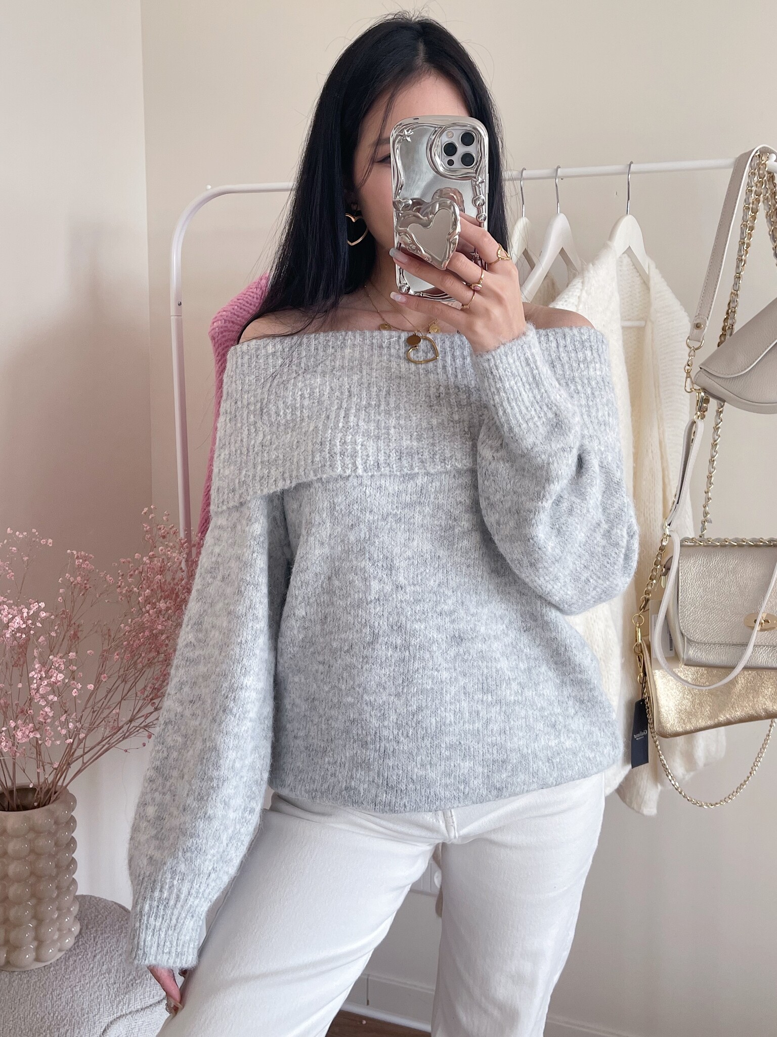 Lumi Off Shoulder Sweater Grey Hello My Love