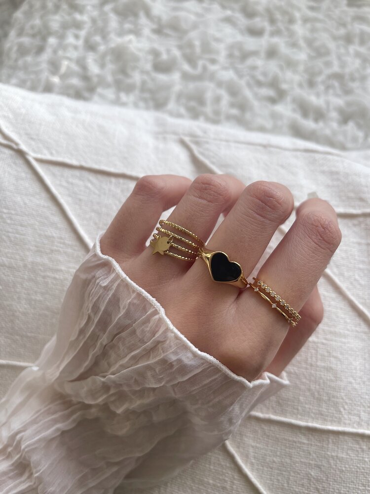 Gold Heart Signet Ring / Black