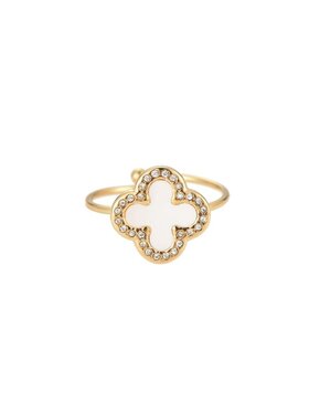 Gold Big Clover Strass Ring / White