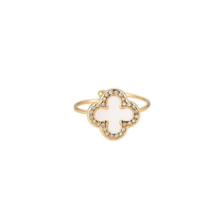 Gold Big Clover Strass Ring / White