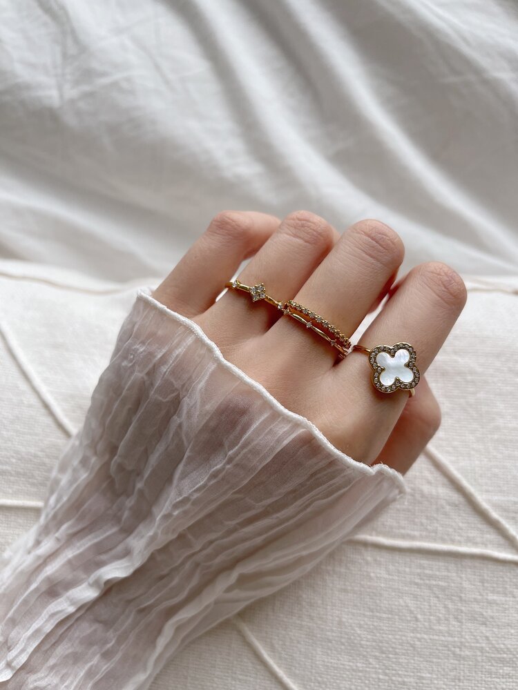 Gold Big Clover Strass Ring / White