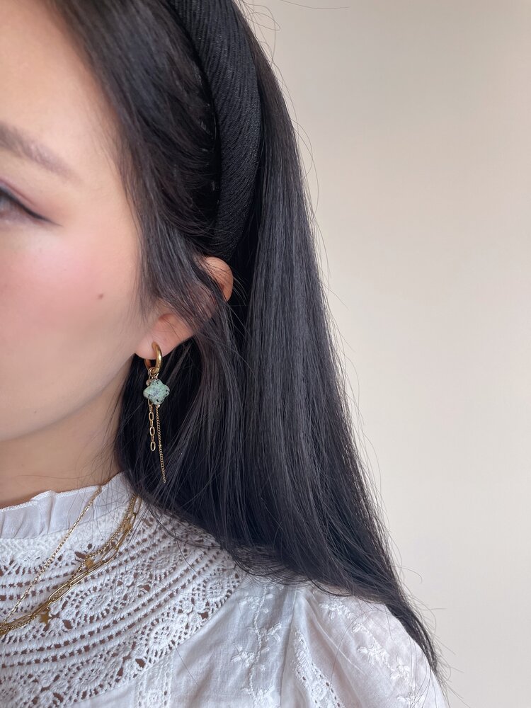 Gold Clover Chains Dangle Earrings  / Green Grey