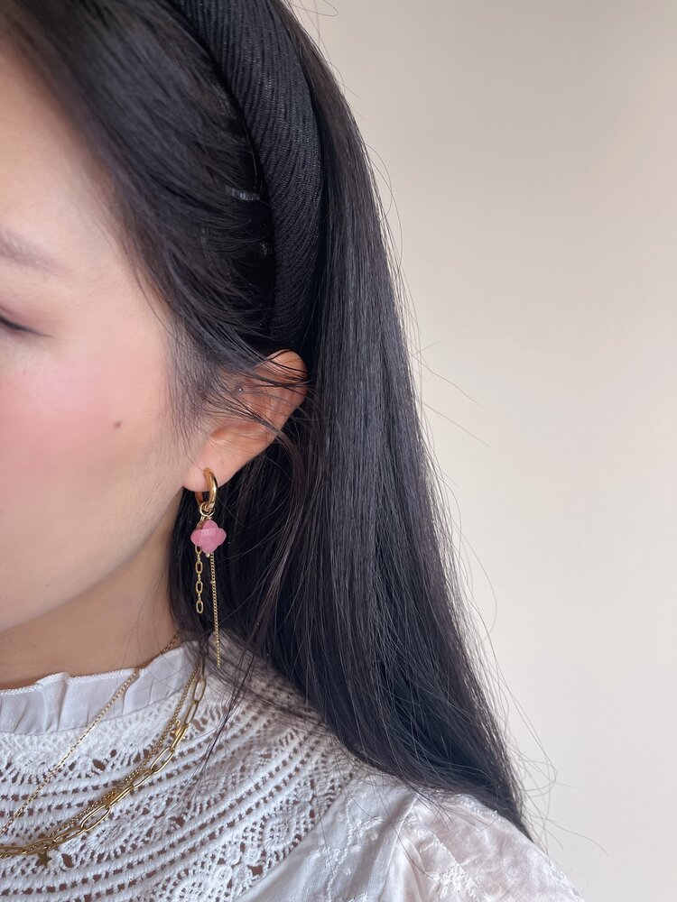 Gold Clover Chains Dangle Earrings  / Pink