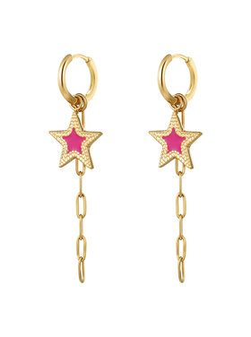 Gold Star Bead Dangle Earrings / Fuchsia