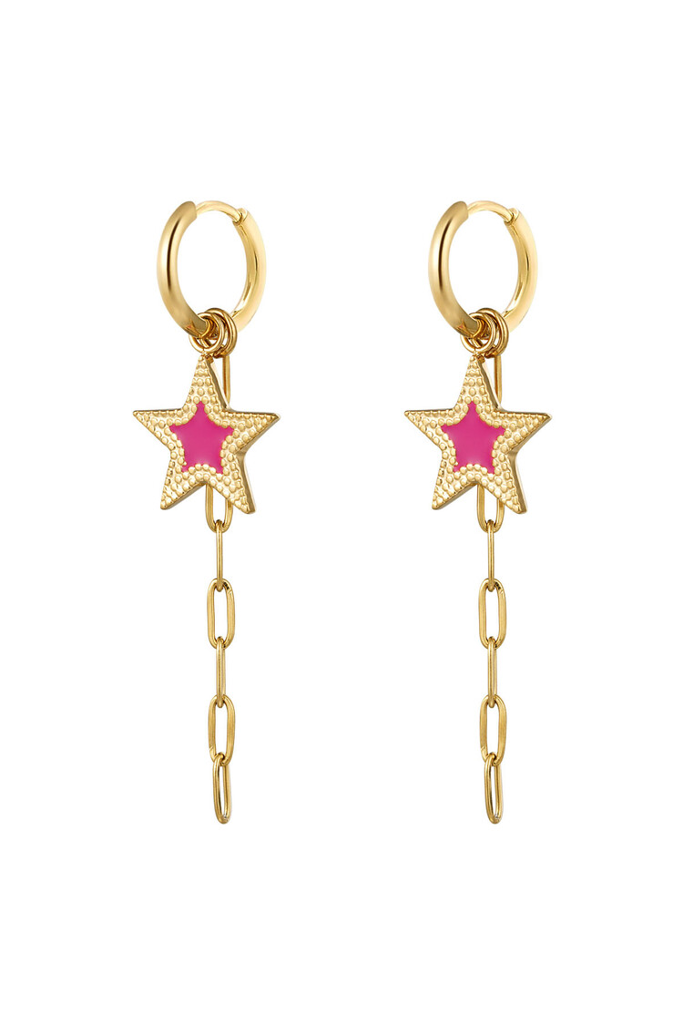 Gold Star Bead Dangle Earrings / Fuchsia