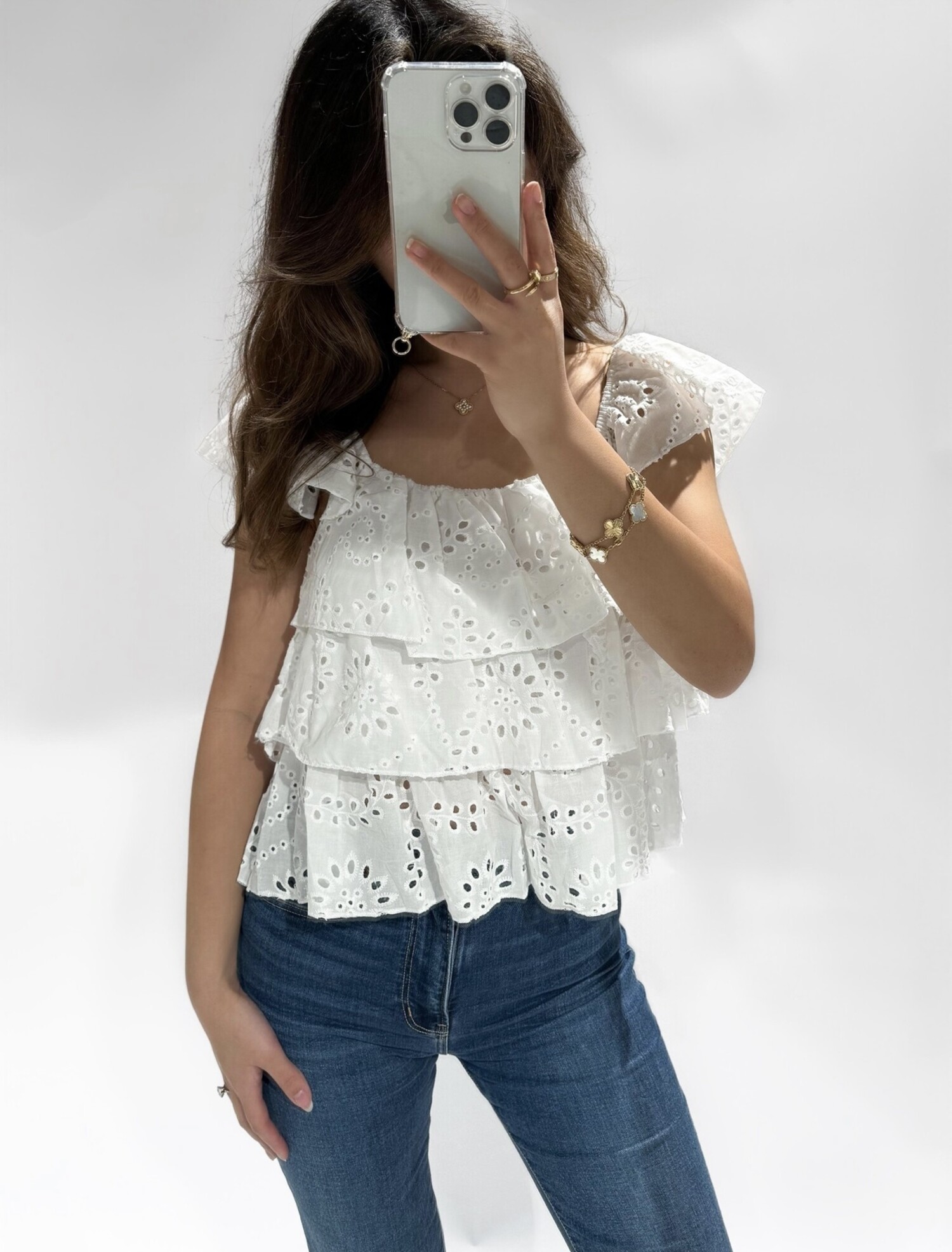 Embroidered ruffle top clearance