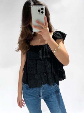 Sayori Embroidered Ruffle Top / Black