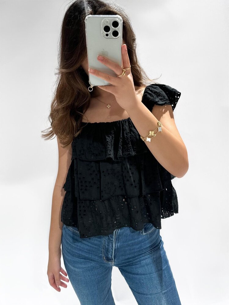 Sayori Embroidered Ruffle Top / Black