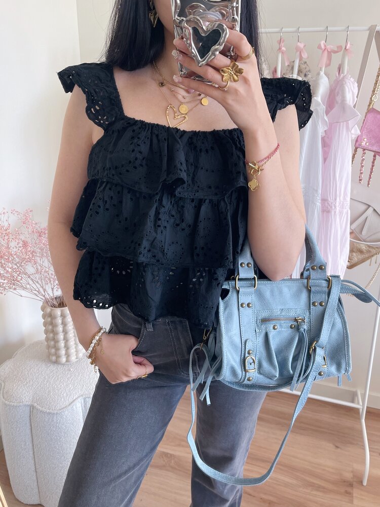 Sayori Embroidered Ruffle Top / Black
