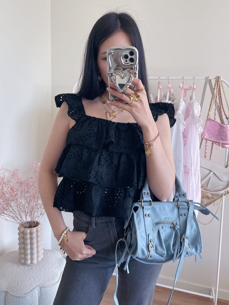 Sayori Embroidered Ruffle Top / Black