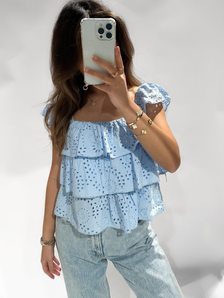Sayori Embroidered Ruffle Top / Light Blue