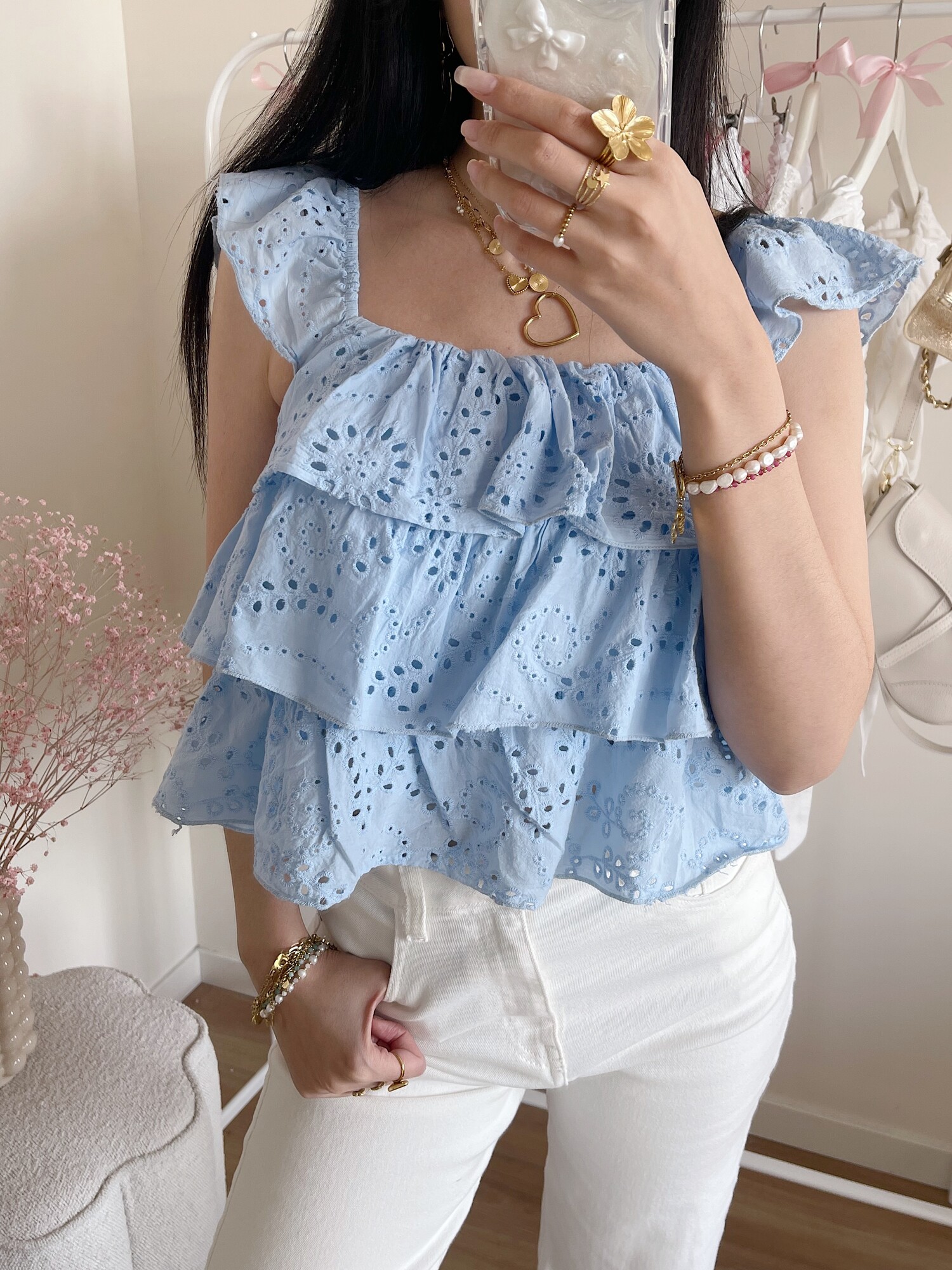 Sayori Embroidered Ruffle Top / Light Blue - Hello My Love