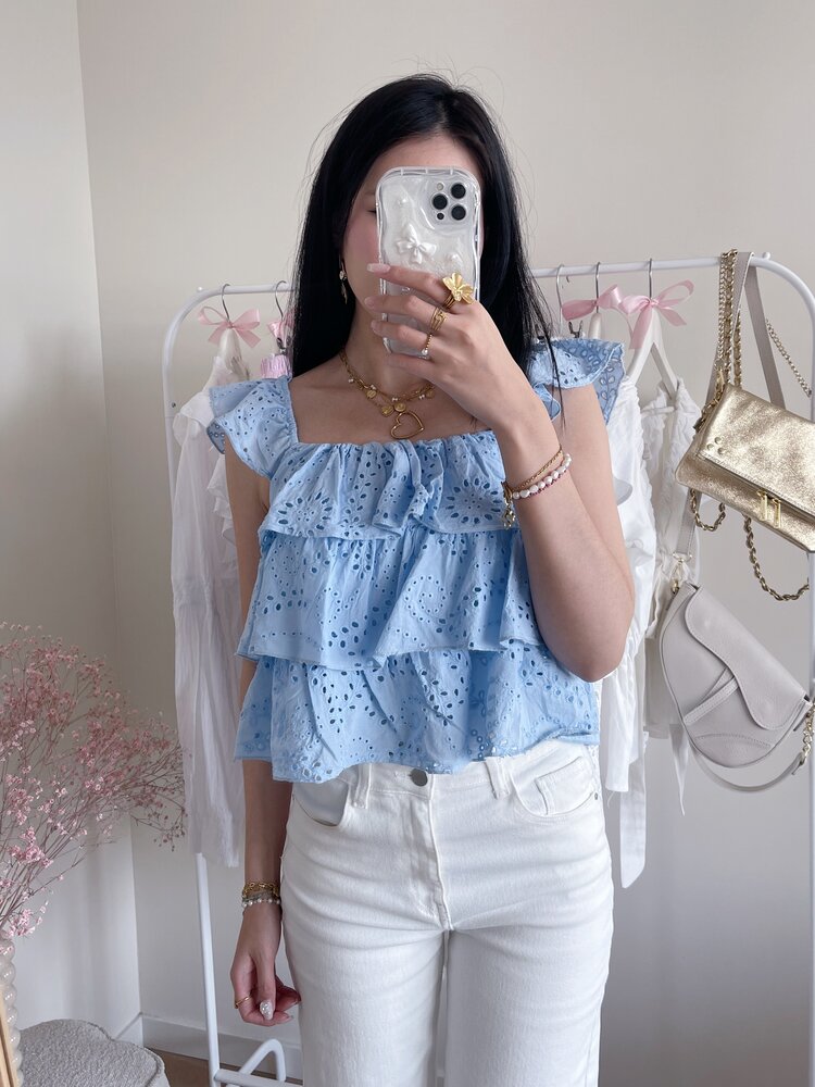 Sayori Embroidered Ruffle Top / Light Blue