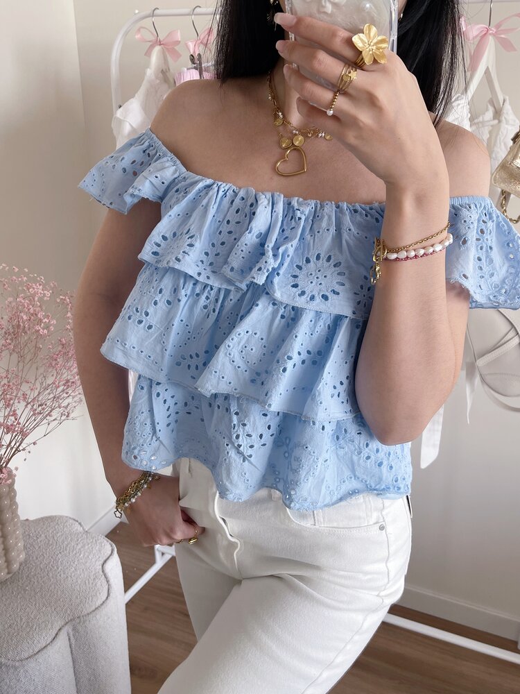 Sayori Embroidered Ruffle Top / Light Blue