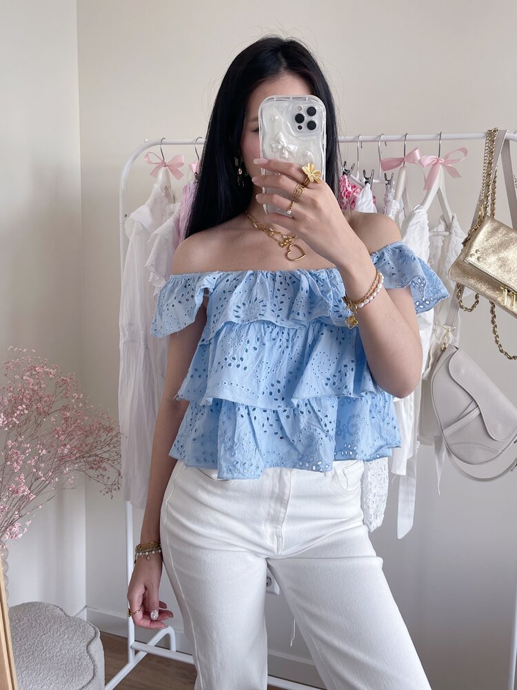 Sayori Embroidered Ruffle Top / Light Blue