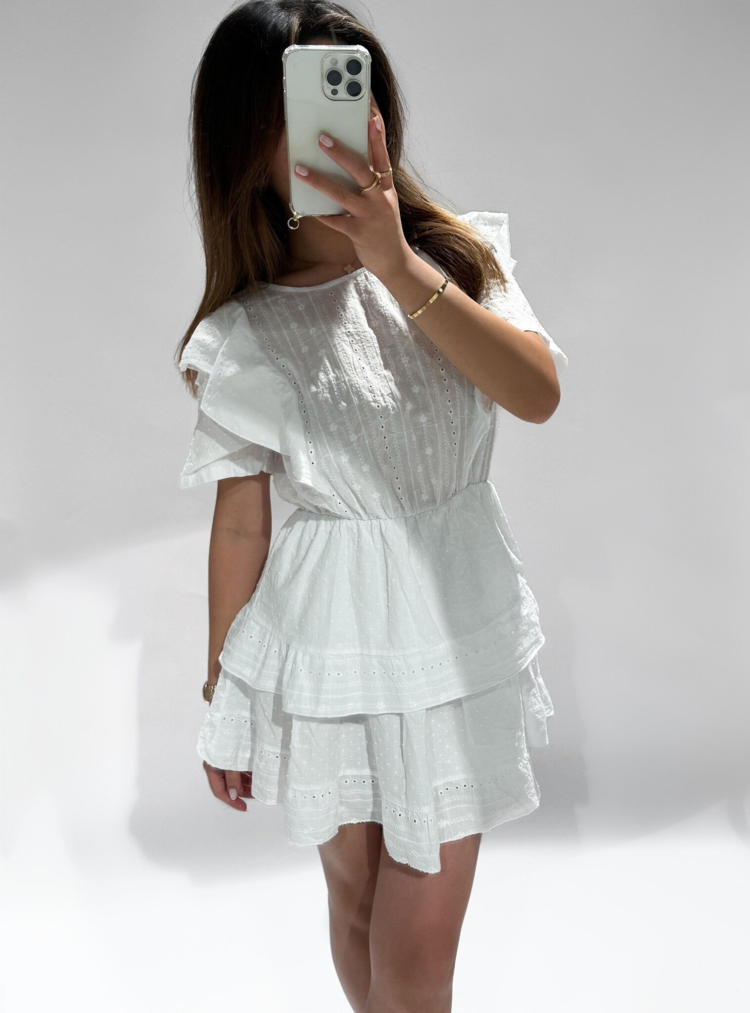 Angelica Embroidered Ruffle Dress / White
