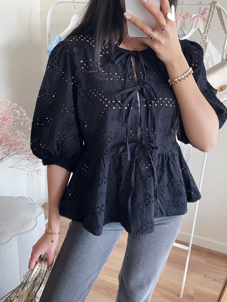 Ronja Embroidered Bow Top / Black