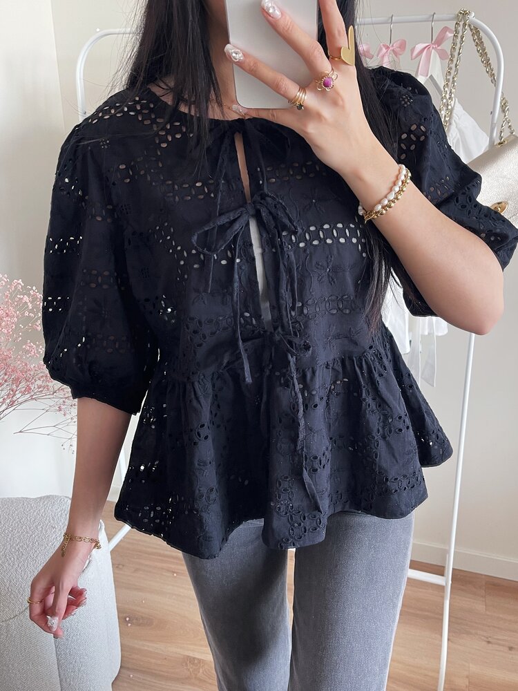 Ronja Embroidered Bow Top / Black