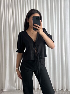 Joa Linen Bow Top / Black