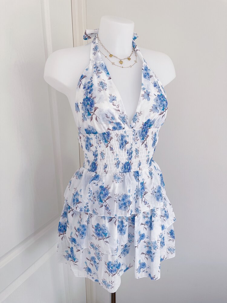 Helene Floral Halter Dress / Blue