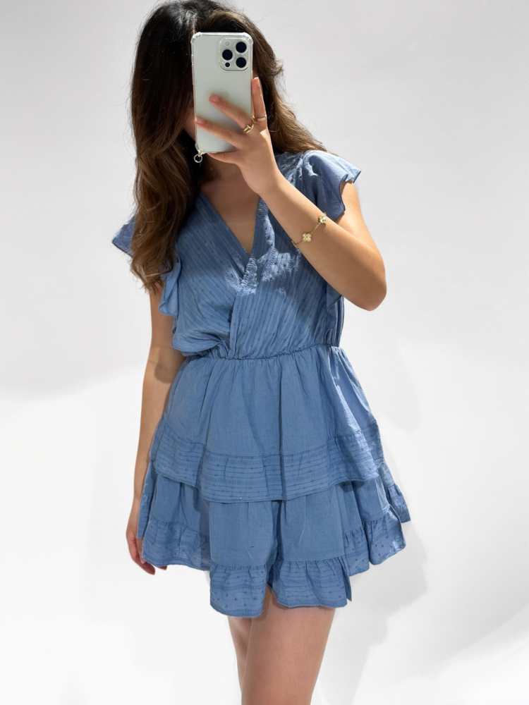 Natalia Embroidered Ruffle Dress / Denim Blue