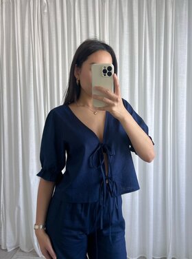 Joa Linen Bow Top / Navy Blue