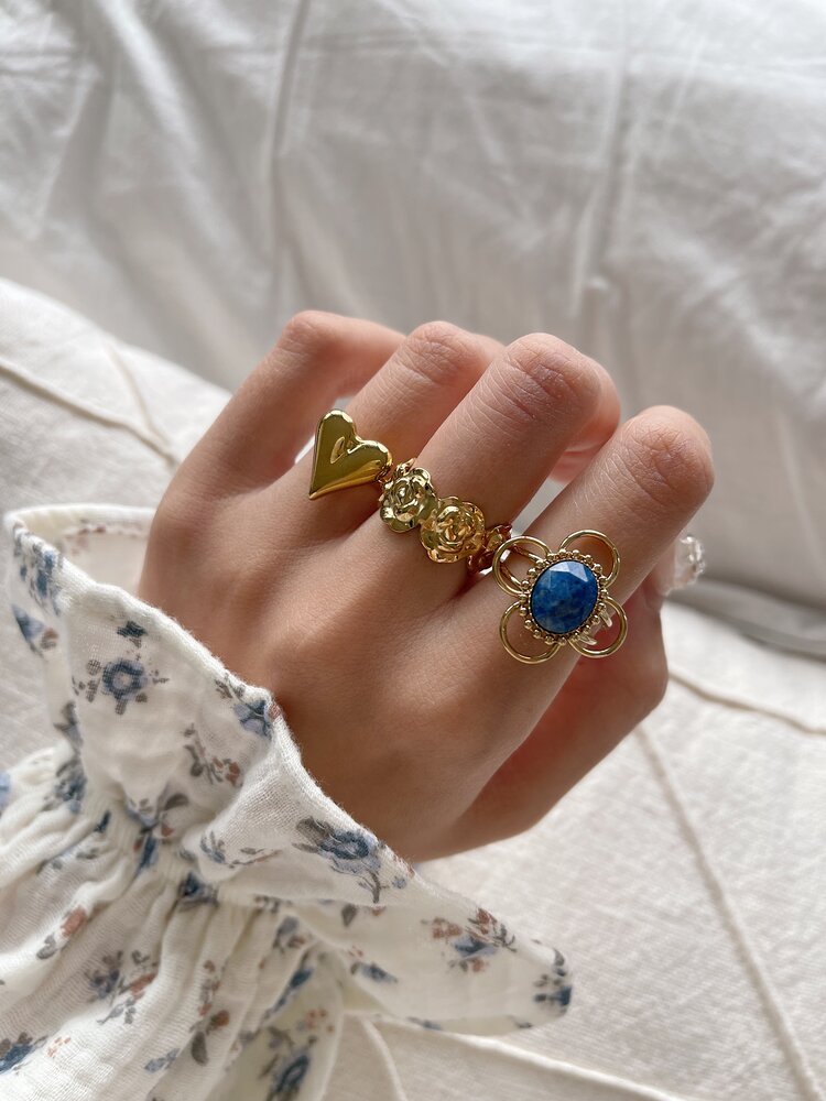 Gold Classy Stone Flower Ring / Blue