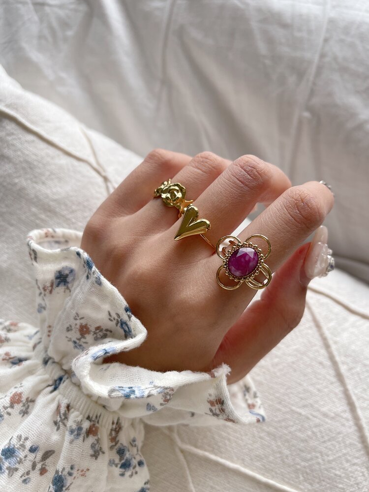 Gold Classy Stone Flower Ring / Fuchsia