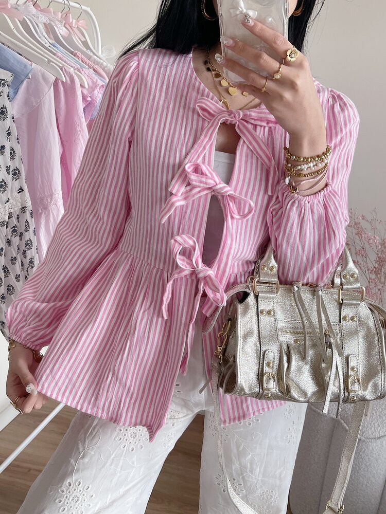 Thanya Striped Bow Top / Pink