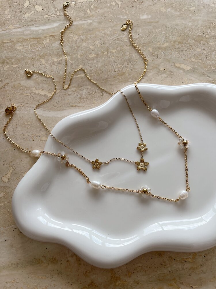 Gold Cute Flower Pearl Charm Necklace