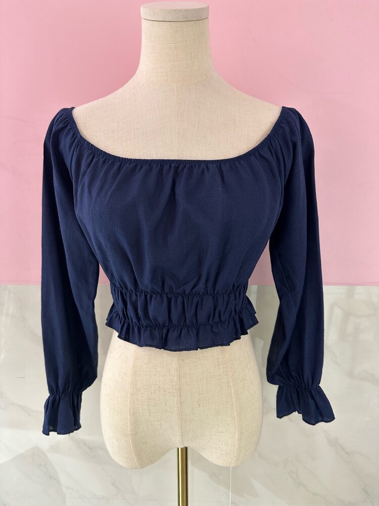Melody Linen Ruffle Top / Navy Blue