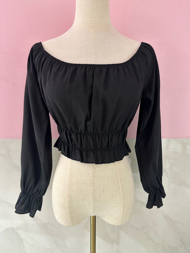 Melody Linen Ruffle Top / Black