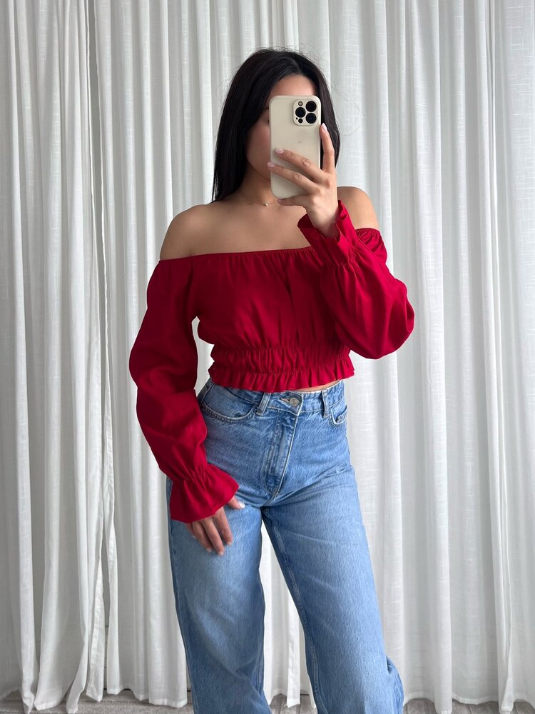 Melody Linen Ruffle Top / Red