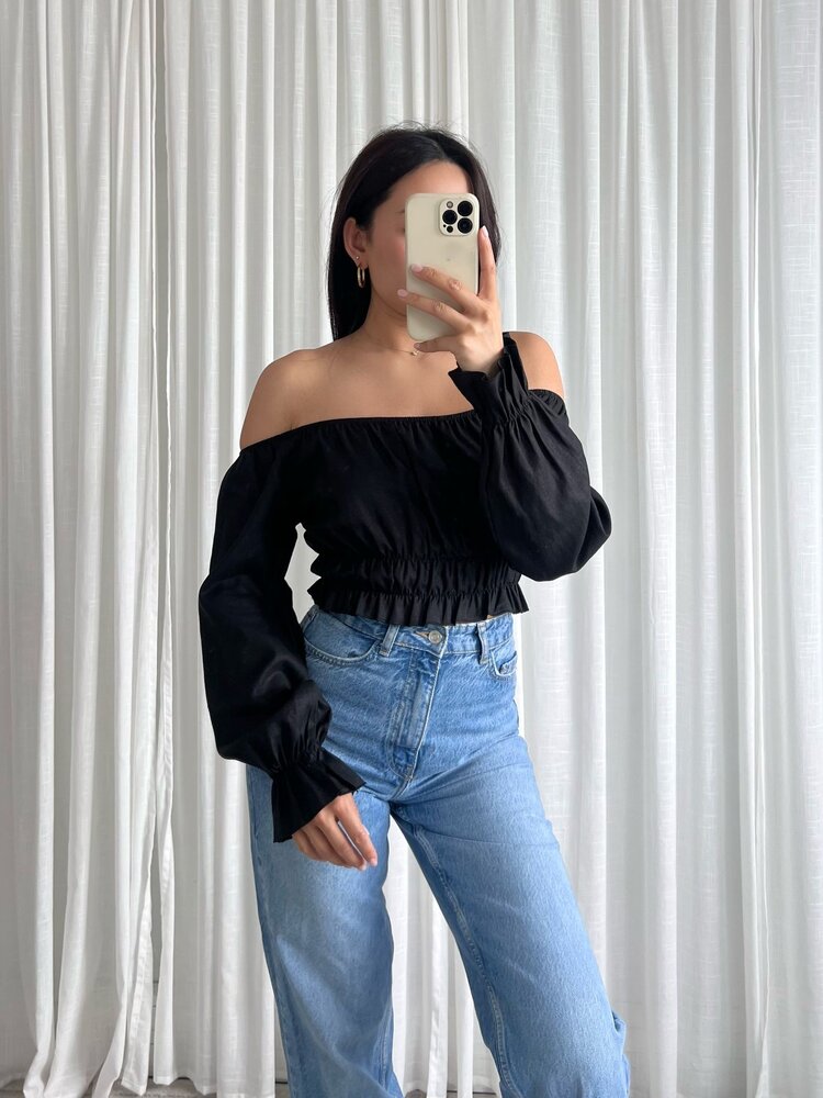 Melody Linen Ruffle Top / Black