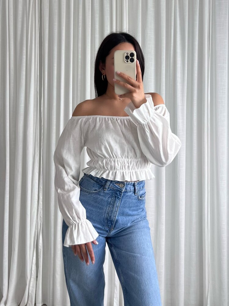 Melody Linen Ruffle Top / White