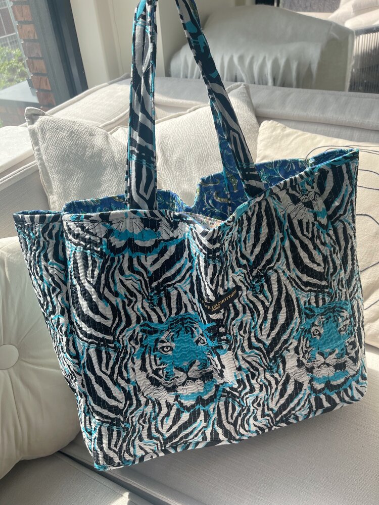 Zyra Double Sided Shopper Bag / Blue & White