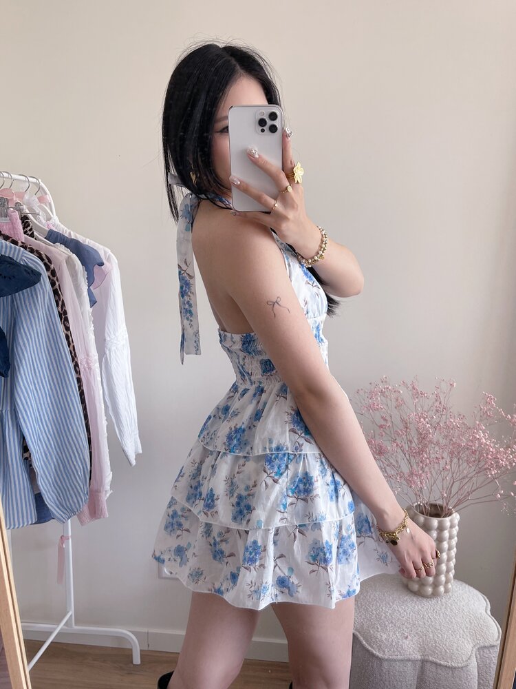 Helene Floral Halter Dress / Blue
