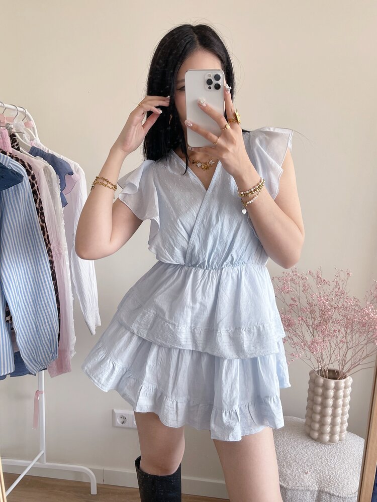 Natalia Embroidered Ruffle Dress / Light Blue