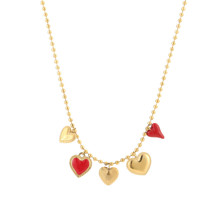 Gold Red Hearts Charm Necklace