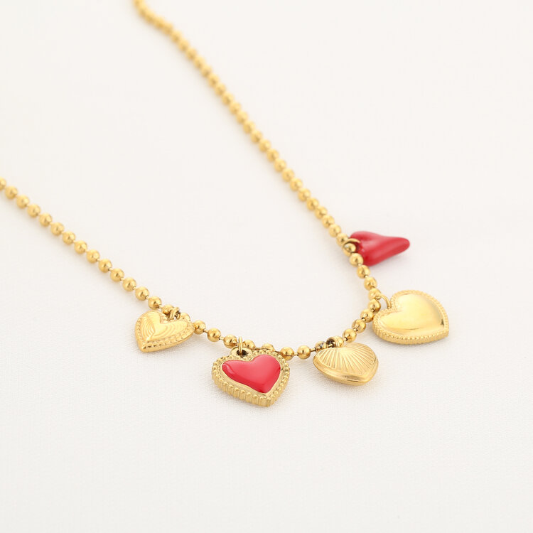 Gold Red Hearts Charm Necklace
