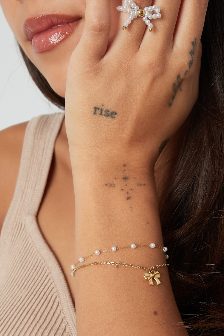 Silver Bow Pearl Double Bracelet