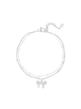 Silver Bow Pearl Double Bracelet